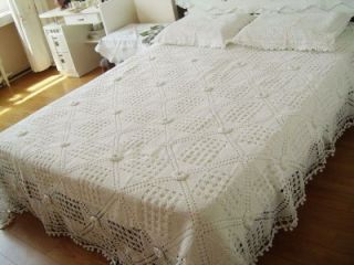 Gorgeous Hand 3D Flower Crochet Bed Cover Bedspread Coverlet White
