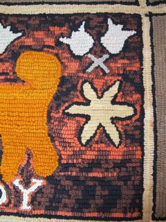 Antique Folk Art Americana Hand Made Hooked Rug Teddy The Dog Flowers