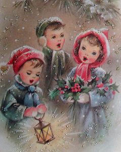 60s Glittered Children Sing Vintage Christmas Card 420