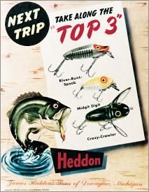 Fishing Tackle Bass Heddons Top 3 Plugs Tin Sign Poster