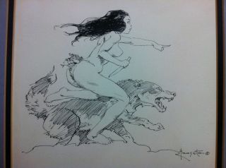 Frank Frazetta Original Drawing Pen An Ink Published Girl with Wolf