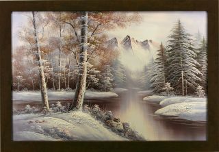 Winter Mountains Snow River Evergreen Forest Landscape Art Framed Oil