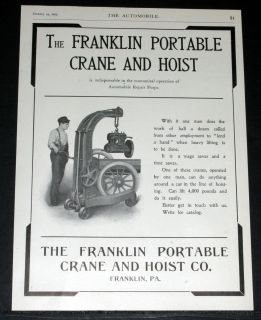 1905 Old Magazine Print Ad Franklin Portable Crane Hoist Motor Car