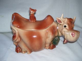 1950S ORIGINAL BRUSH McCOY W 10 COW COOKIE JAR WITH CAT FINIAL