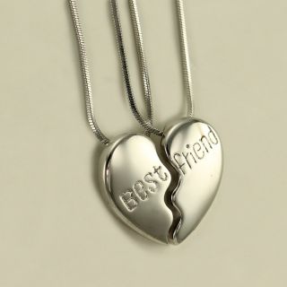 BFF Best Friend Two Heart Pendant Necklace High Polish Silver Tone