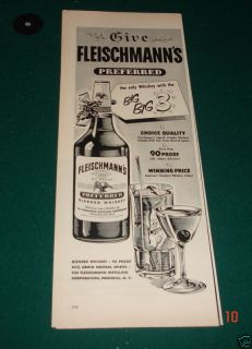  1952 Fleischmanns Preferred Whiskey Big 3 Ad