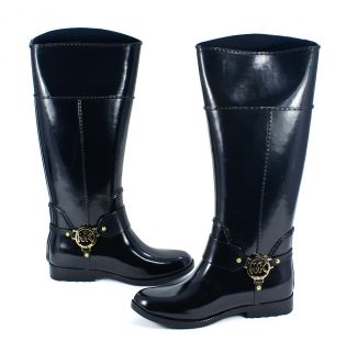 Michael Kors Womens Fulton Harness Tall Black Rubber Rain Boot