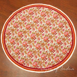   RED ROUND BLOCK PRINT TABLECLOTH Floral Linen Ethnic Decorative Art