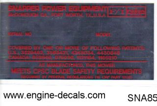 Snapper Mowers Serial No Decal 1982 and Up Fuqua