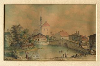 Original 1877 Watercolor Painting Town Furth Germany