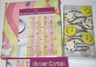 New PEACE Signs Love Hippy Retro FABRIC SHOWER CURTAIN + Hooks Smiley
