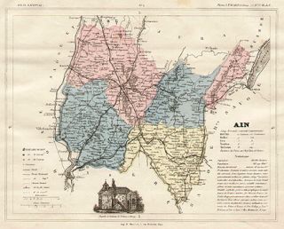 Ain France Authentic Antique Hand Colored Copperplate Map 132 Years