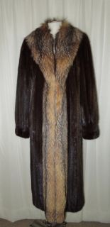 Sabau Furs Brown Dark Mahogany Mink Crystal Fox Long Full Length Coat