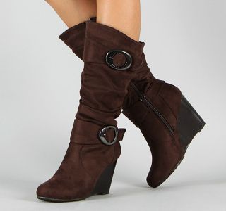 Wedge Tall Knee High Buckle Boots High Heel Fux Suede Slouch NEW Shoes