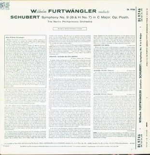 Wilhelm Furtwangler   Schubert Symphony No. 9   Decca   DL 9746   NM