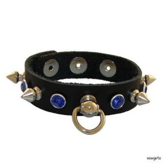 Spiked Wrist Band Leather Blue Swarvoski Gems D Ring