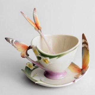 XP1693 Franz Porcelain Papillon Cup Saucer Set w Spoon