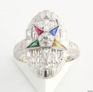  Cocktail Ring   14k White Gold Syn Gemstones Order of the Eastern Star