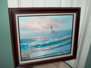 Gailey Oil on Canvas Painting Lighthouse Seascape