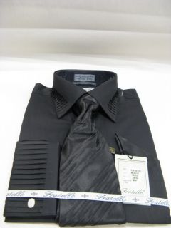 New Fratello Fashion Dress Shirt w Tie and Hanky Pleated Black Size 16