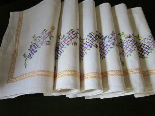 6pc Antique French pure Linen HANDDONE Embroidered Dinner Napkins 1of