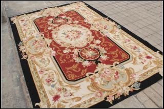FREE SHIP 6X9 French Aubusson Area Rug BLACK CREAM RED w Pink Rose