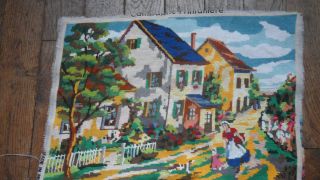 Pretty Completed French Village Wool Worked Tapestry Size 20 x 15 Ins