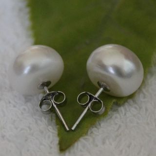Genuine Cultured Freshwater 10mm White Pearl Stud Earrings Silver