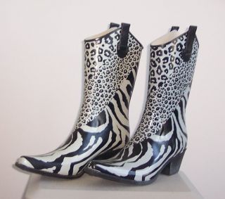 Black White Animal Print Cowboy Western Rubber Rain Garden Boots 10 11