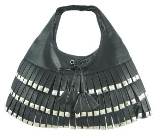 chrome pyramid studded black vinyl fringe handbag