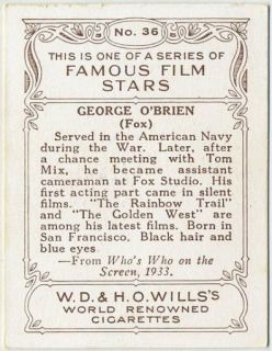 George OBrien Vintage 1934 Wills Famous Film Stars Tobacco Card 36 MD