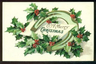 MERRY CHRISTMAS Fancy Horseshoe Holly S GARRE Vintage Antique Postcard