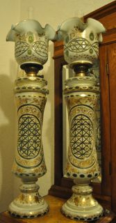 Magnificent and Giant Pair of Antique Bohemian Overlay Glass Oil Lamp