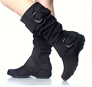 Womens Tall Fux Suede Flat Boots Buckle Mid Calf Heel Fashion Winter