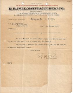 1914 R.D. Cole Manufacturing Co. Newnan Georgia Letter