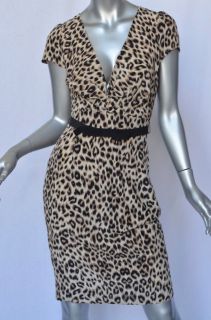 Gerard DAREL Silk V Neck Belted Leopard Print Fitted Dress 38 New