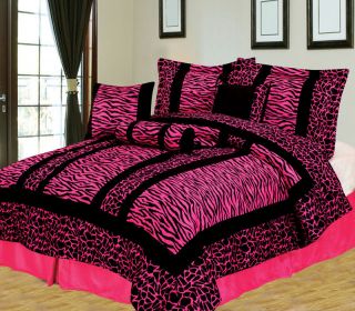 7pcs Queen Giraffe Zebra Pink and Black Micro Fur Comforter Set