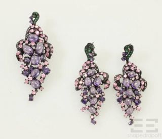  Sterling Silver Purple Clustered Gemstone Brooch Earrings Set
