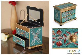 Turquoise Peru Reverse Painted Glass Jewelry Box Novica