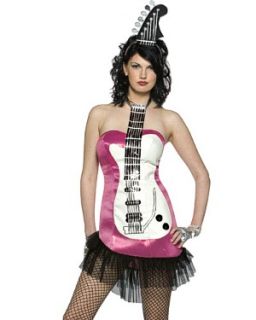 This Glam Rock Adult Guitar Costume includes Strapless Pink Dress with