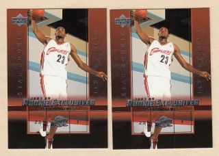 2003 04 ROOKIE EXCLUSIVES LEBRON JAMES STAR ROOKIE 2 CARD LOT