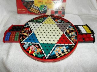 Vintage Chinese Checkers Game Metal board with Drawers Marbles