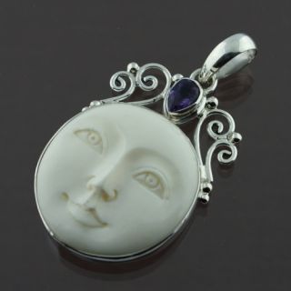 Sterling Silver Carved Cow Bone Goddess Face Pendant