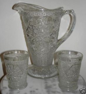 Indiana Glass Rosette with Pinwheels Pitcher 2 Tumblers