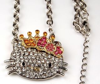 Hello Kitty Crystal Necklace Pendant Pink Gold Crown