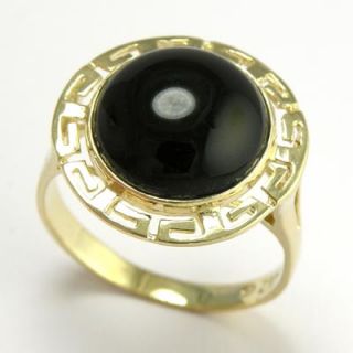 14k Solid Yellow Gold Greek Key Black Onyx Ring R446 Free Worldwide