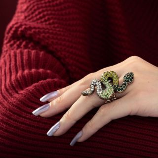 Vintage Gold Plated Stretch Pave Rhinestone Snake Cocktail Ring Green