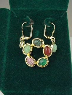 Gold Hge Green Red Gemstone Scarab Brooch Earring Set