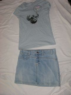Old Navy Outfit Girls 16 XL Denim Jean Skirt Pug Dog Cupcake Shirt Top