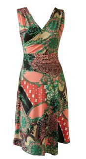 Coral Green Glamour Print Faux Wrap Day Dress Nicola Size 8 New